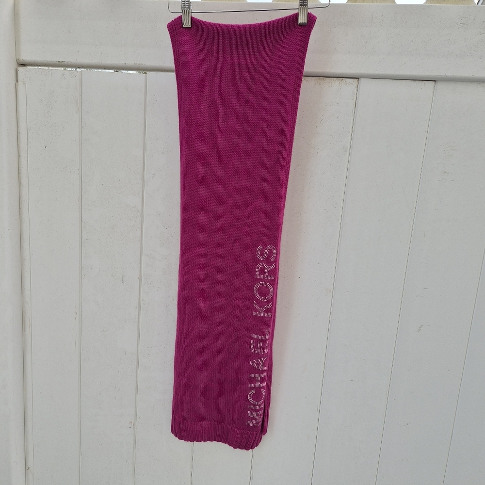 Michael Kors Magenta Pink Knit Scarf‎ Rhinestone Logo Embellished Winter Wrap